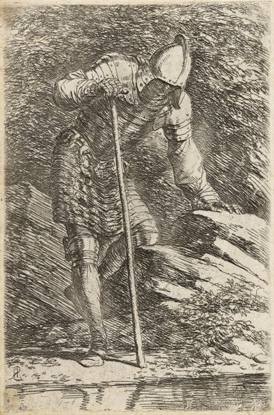Soldier in Helmet and Armour Regarding a Stream by Salvator Rosa